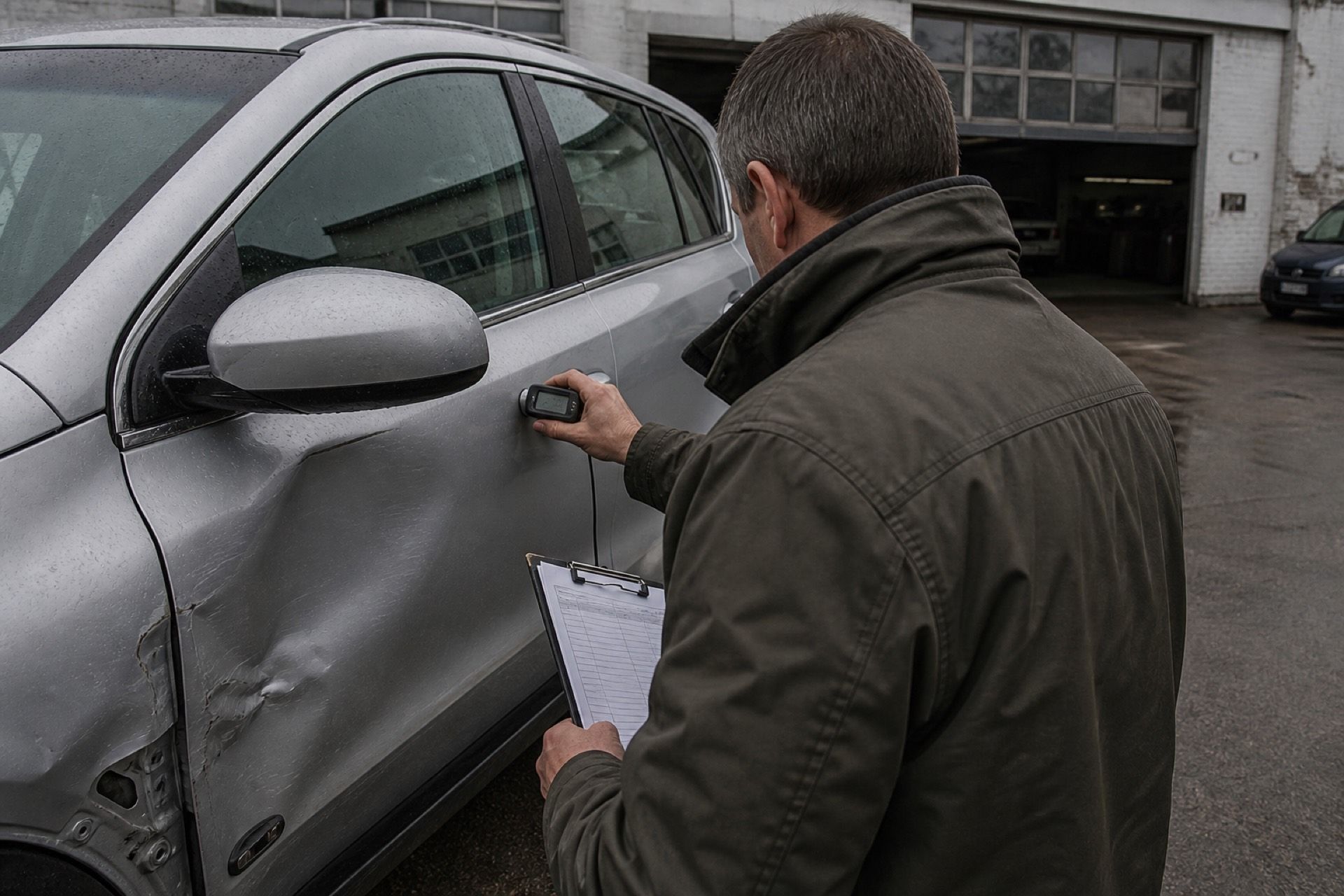 Unabhängiger Sachverständiger prüft einen Türschaden am Fahrzeug