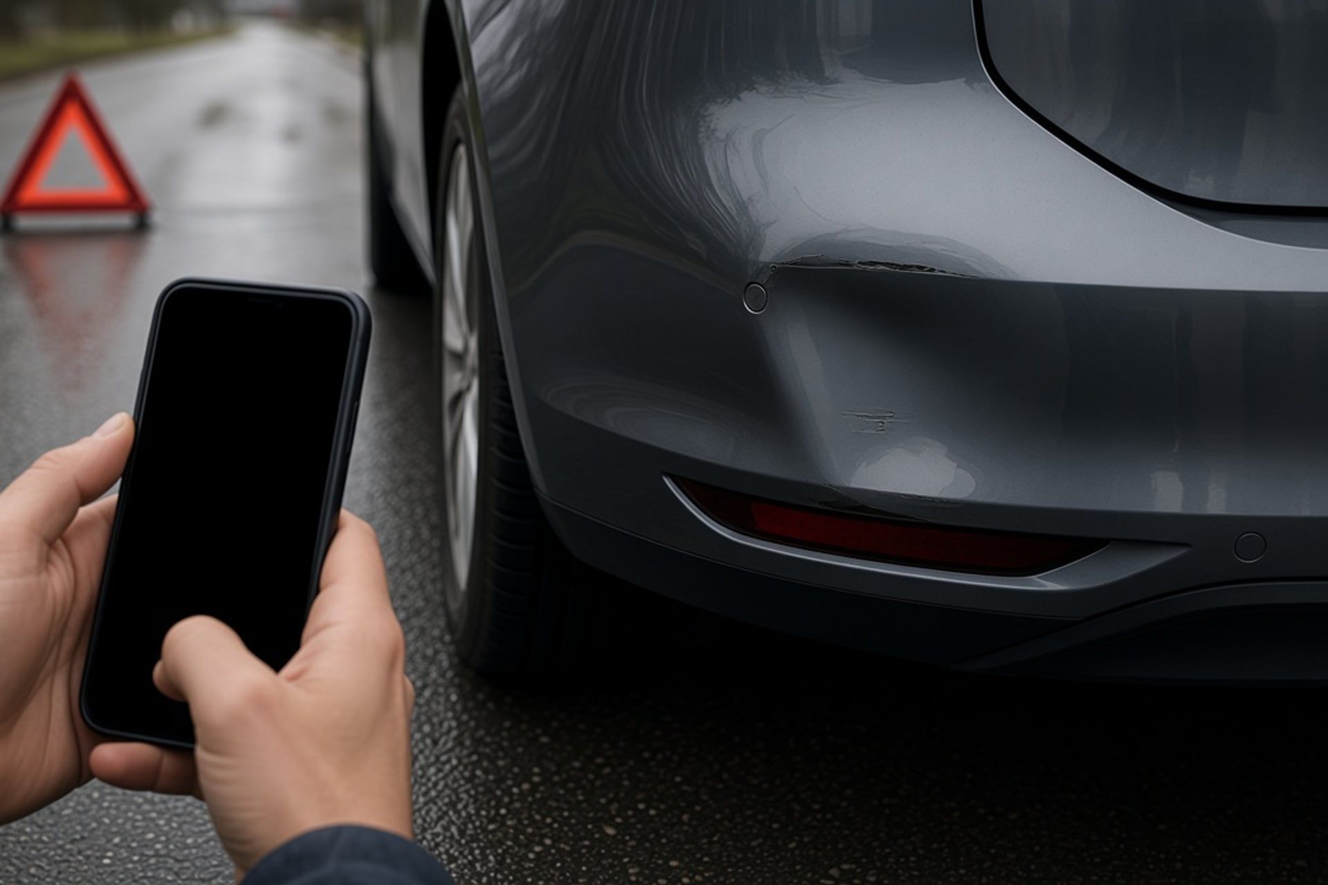 Smartphone fotografiert einen Stoßstangenschaden neben einem Warndreieck